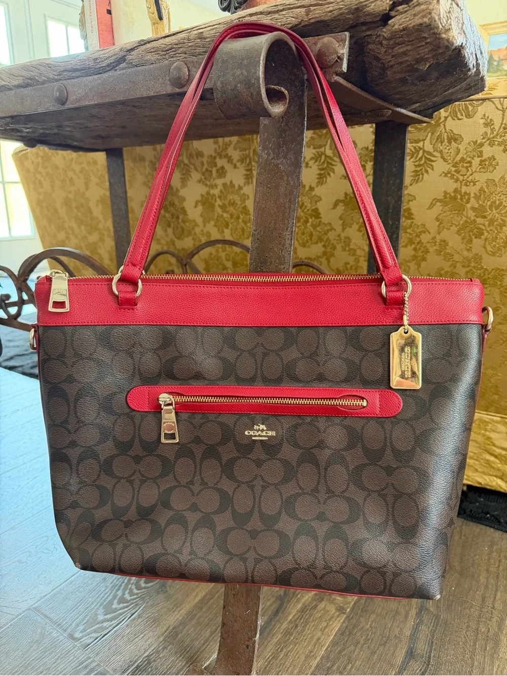 Coach Brown Signature Tote with Red Trim and Gold Hardware